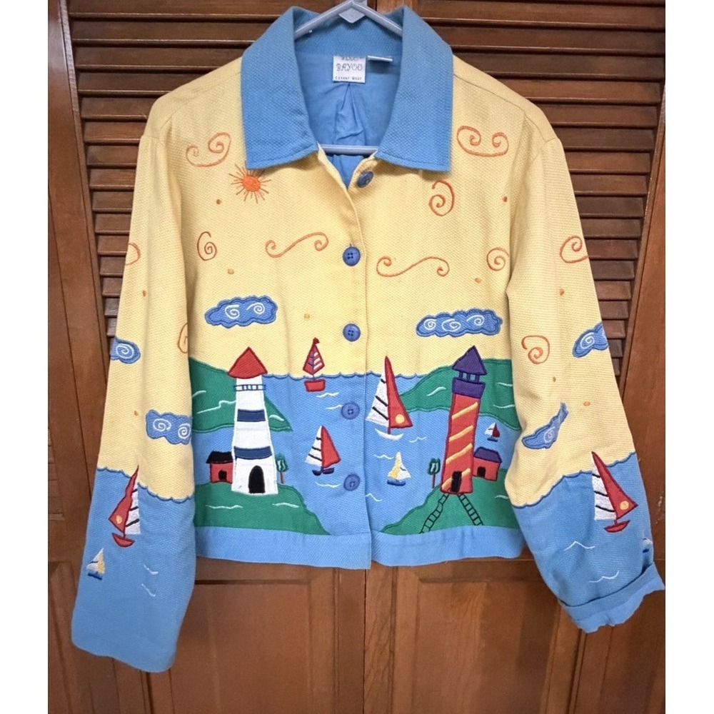 Bleu Bayou Lighthouse Coastal Jacket L Nautical Art Teacher Cottagecore Cotton